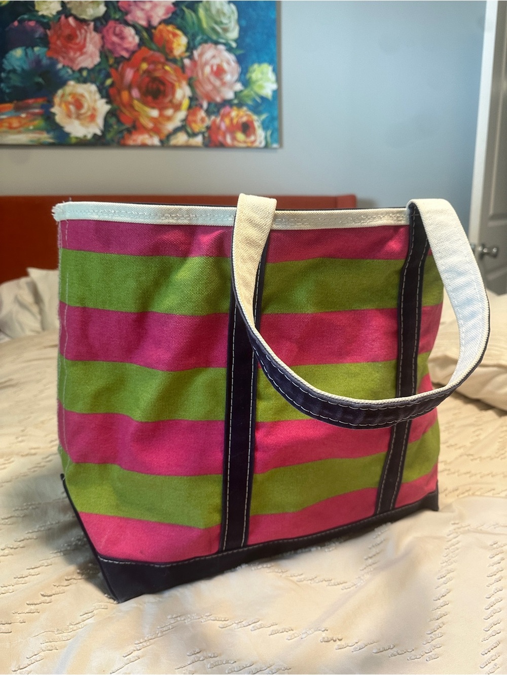 L.L. Bean Vintage Pink and Green Striped Canvas Tote with Navy